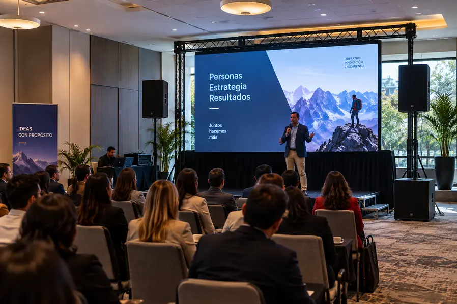Evento empresarial con escenario iluminado y asistentes sentados