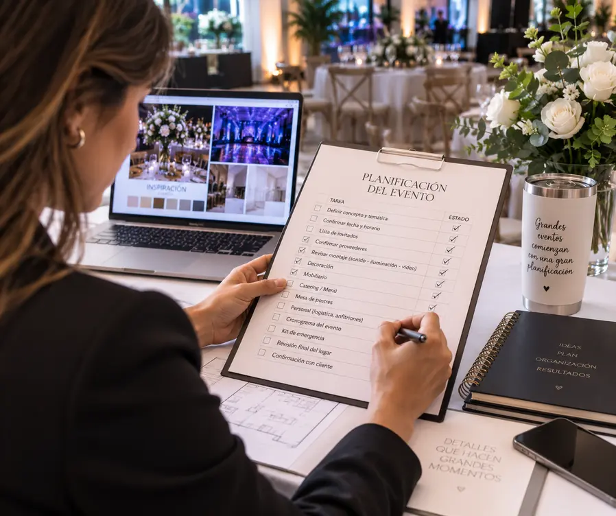 Mesa decorada para fiesta con checklist de organización al lado