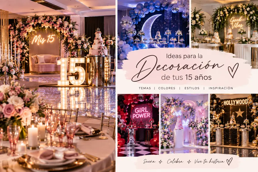 Salón decorado para fiesta de 15 años con globos y luces
