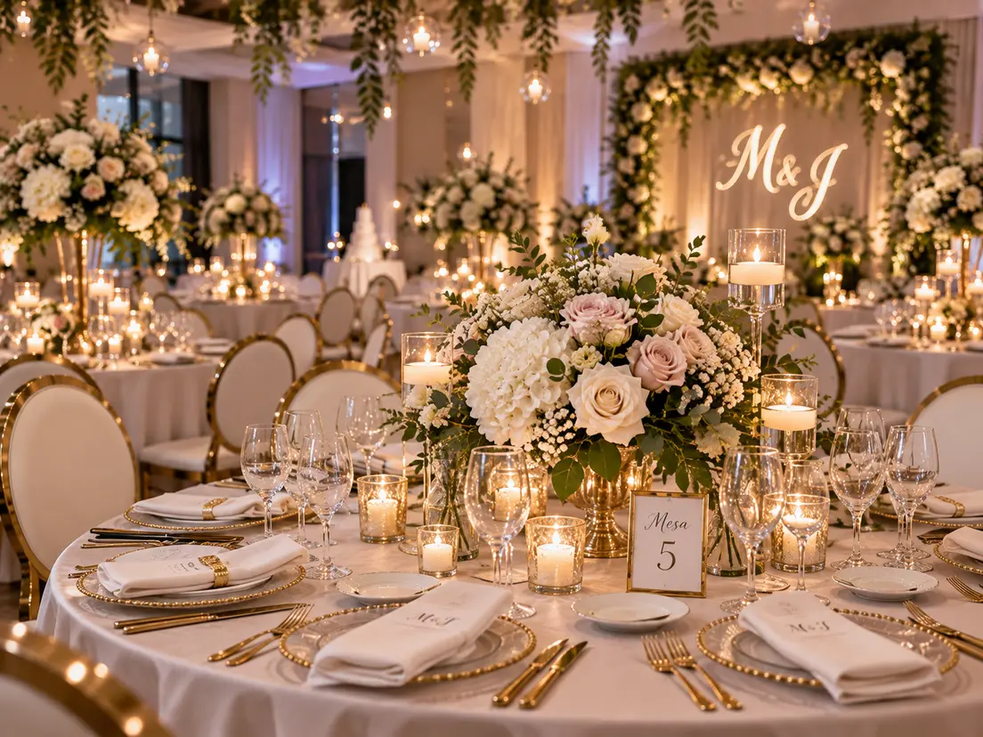 Salón de bodas elegantemente decorado con flores y luces cálidas