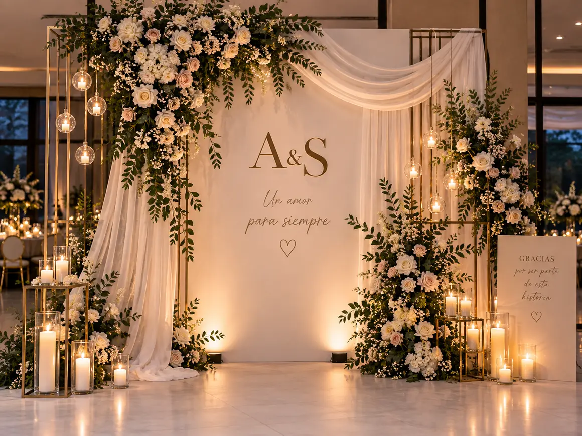 Mesa de novios decorada con flores y luces cálidas