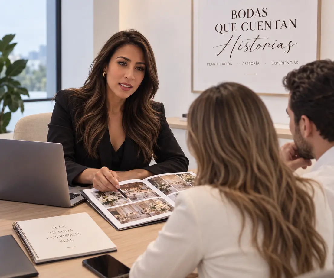 Coordinadora de bodas revisando detalles con una pareja de novios