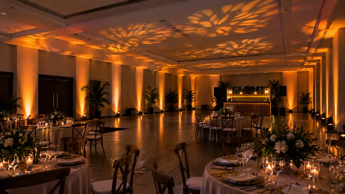Salón de eventos iluminado con luces LED de colores en las paredes