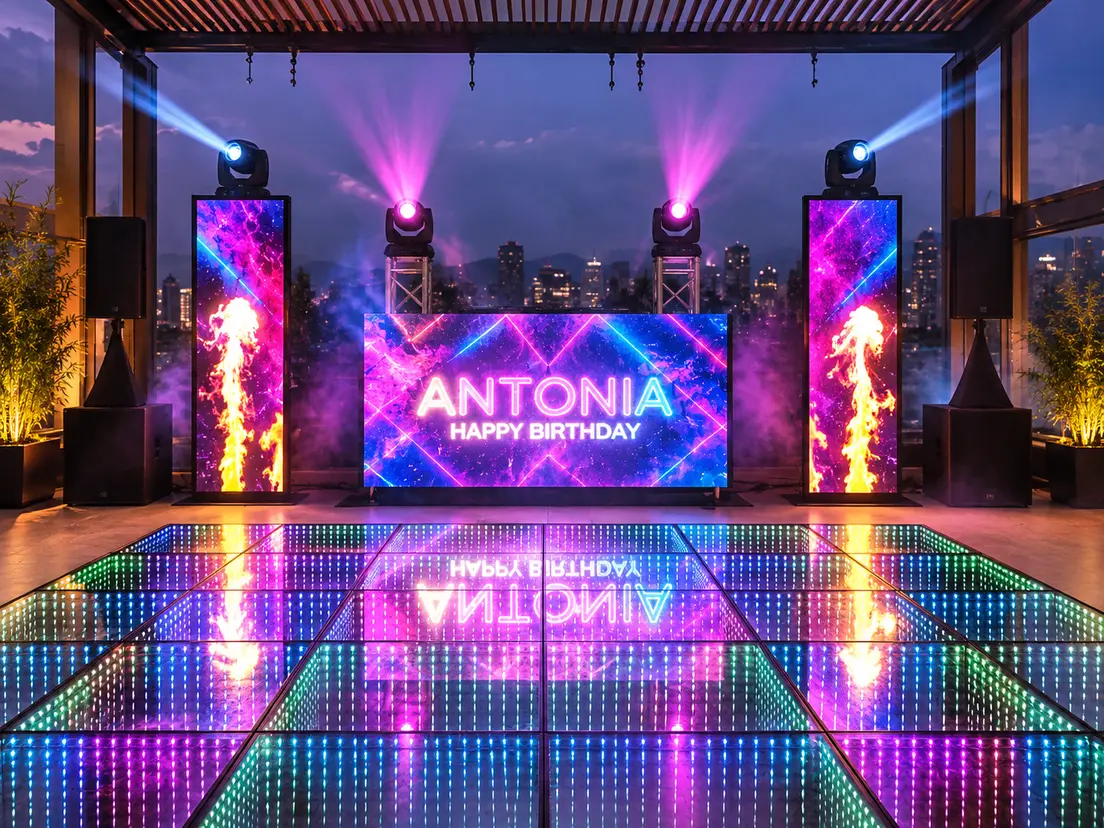 Cabina de DJ con controlador y mixer iluminados
