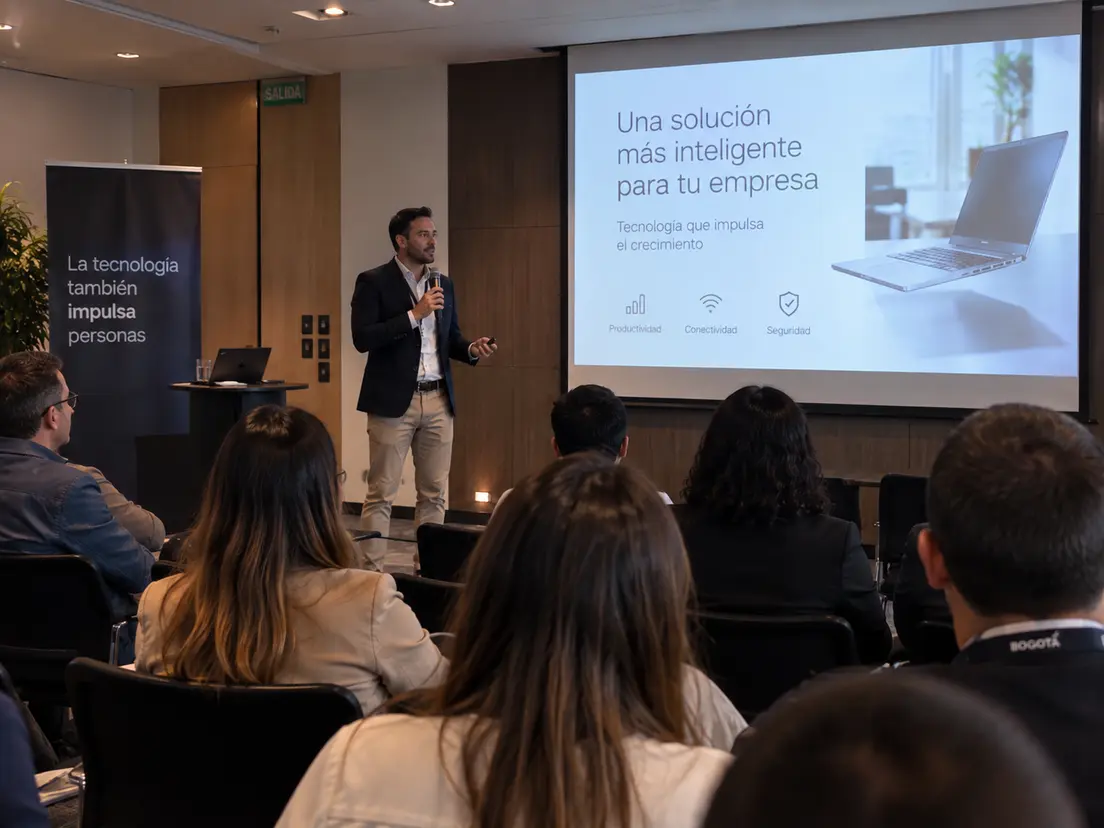 Escenario de lanzamiento de producto con pantalla LED en evento corporativo