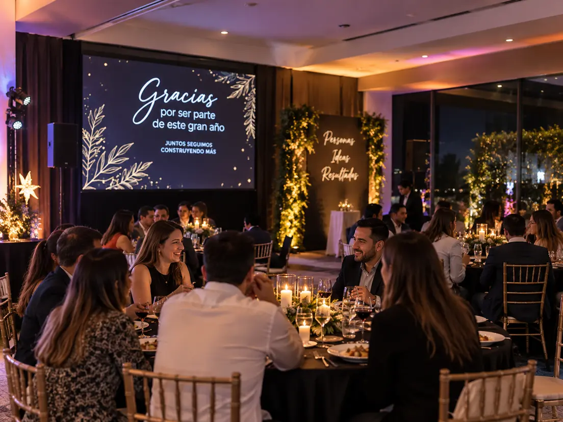 Cena de fin de año empresarial con decoración elegante