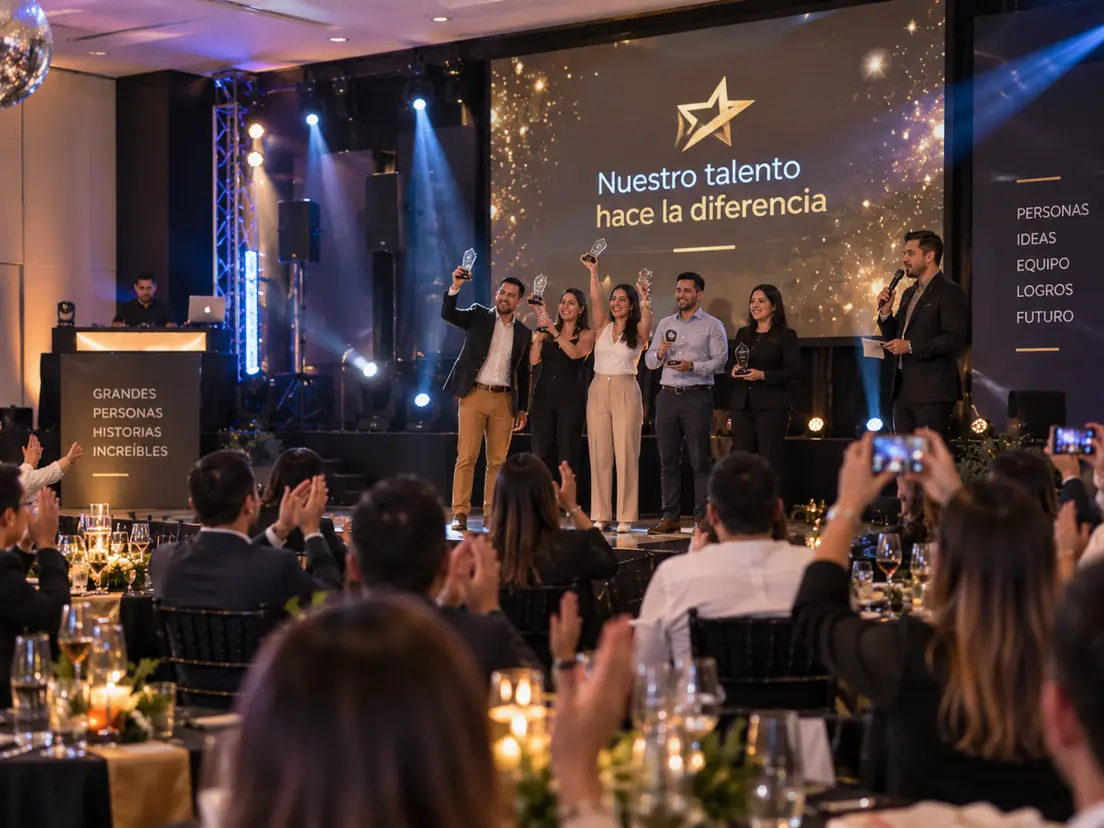 Evento empresarial con escenario de premiación y público