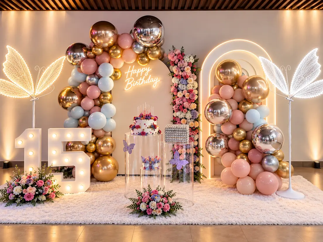 Decoración moderna con iluminación y estructuras para 15 años