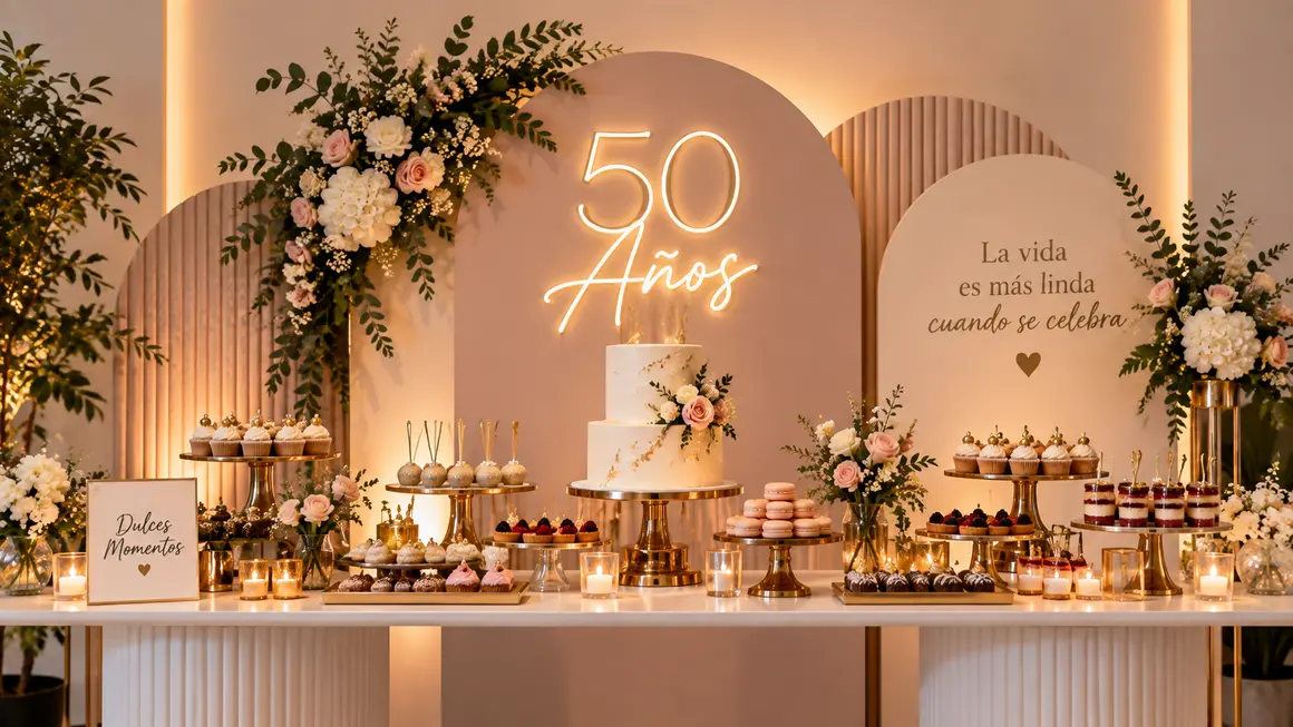 Mesa de postres decorada con dulces, flores y letrero luminoso