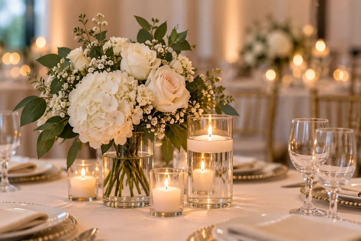 Centro de mesa elegante con flores y velas para evento social