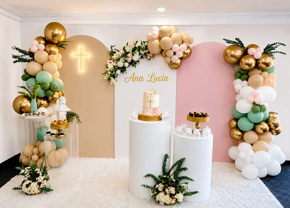 Decoración de primera comunión con flores, globos y detalles elegantes en tonos blancos y dorados.