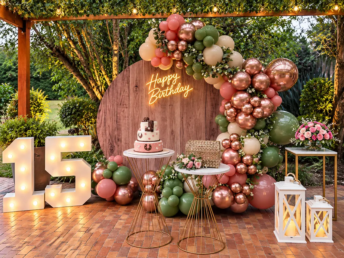Decoración temática para fiesta de 15 años, con globos, flores, iluminación decorativa, mesa principal y detalles personalizados que crean un escenario elegante, moderno y lleno de personalidad para celebrar un momento inolvidable.