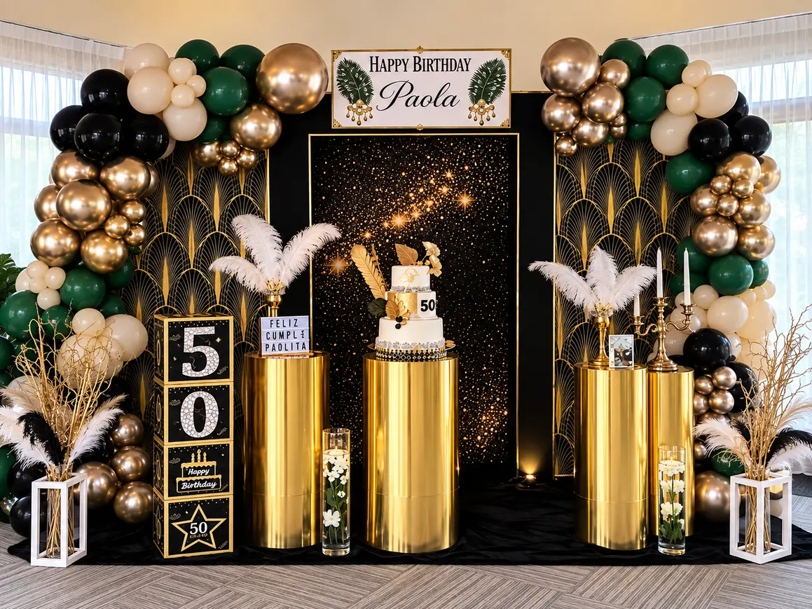 Decoración de cumpleaños para adultos elegante y personalizada, con globos, flores, iluminación y detalles especiales para crear un ambiente único y sofisticado.