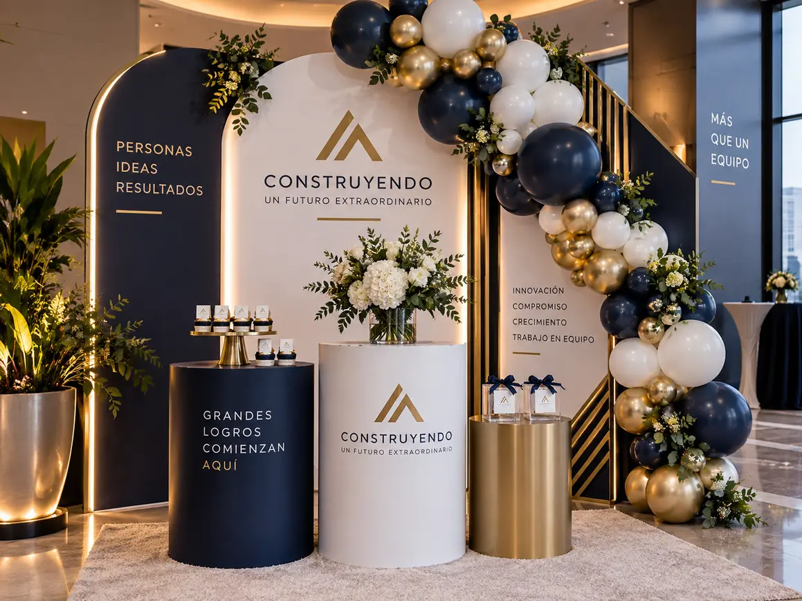 Decoración de fiestas y eventos corporativos con diseños personalizados, arreglos florales, globos, iluminación y montaje elegante para crear experiencias memorables.
