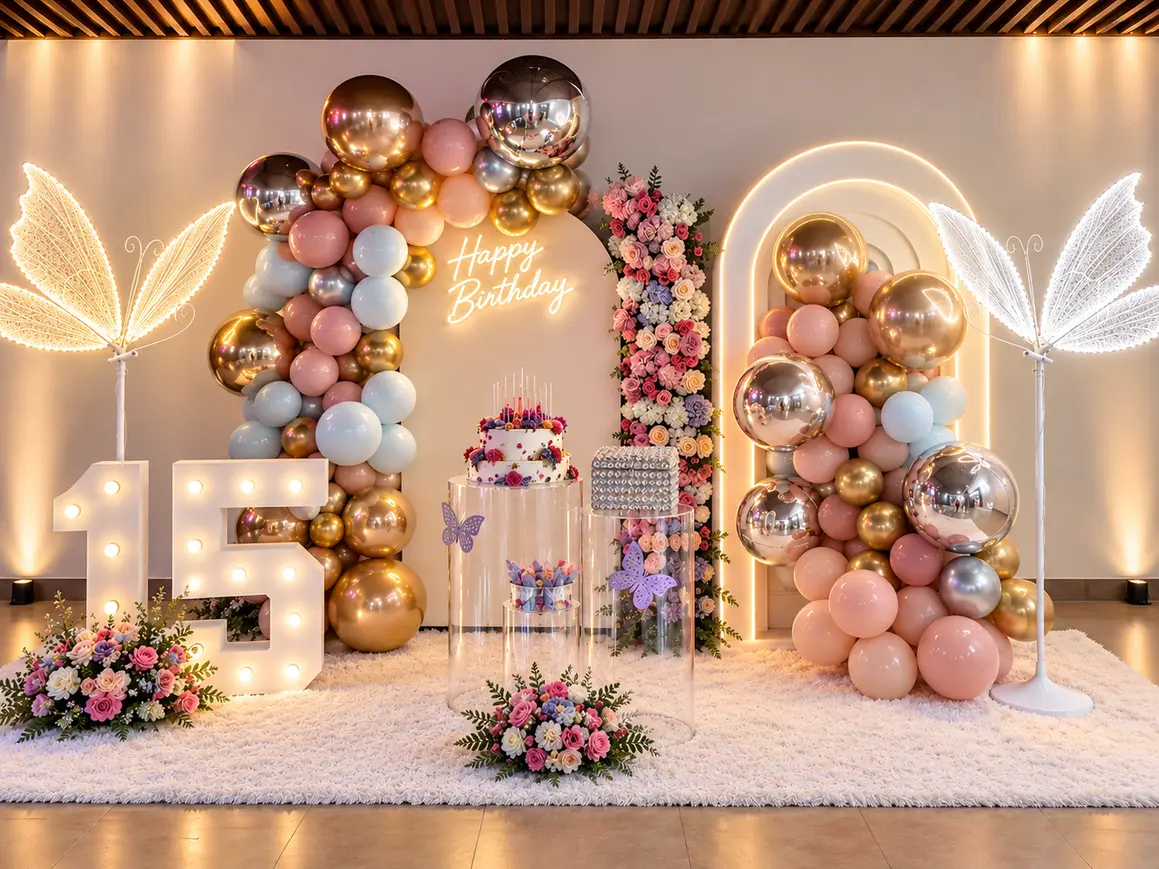 Decoración de quince años elegante y romántica con mariposas luminosas, arreglos florales en tonos rosados y blancos, globos en tonos pastel, iluminación cálida y detalles brillantes que crean un ambiente mágico y sofisticado.