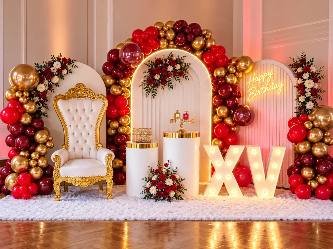 Una celebración llena de elegancia y sofisticación, combinando una majestuosa silla imperial, exuberantes arreglos florales y una impactante decoración de globos en tonos elegantes. Cada detalle está pensado para crear un escenario de ensueño, perfecto para vivir y recordar una noche verdaderamente especial.