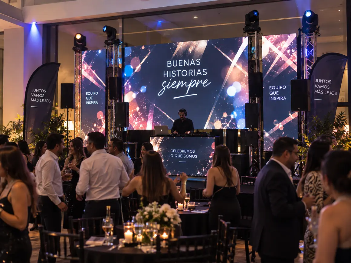 Pantalla LED en evento empresarial con presentación corporativa en el escenario